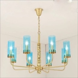 Lampadario contemporaneo in ottone a 8 luci con paralume in vetro, Ø 85 cm H 60 cm, attacco E14