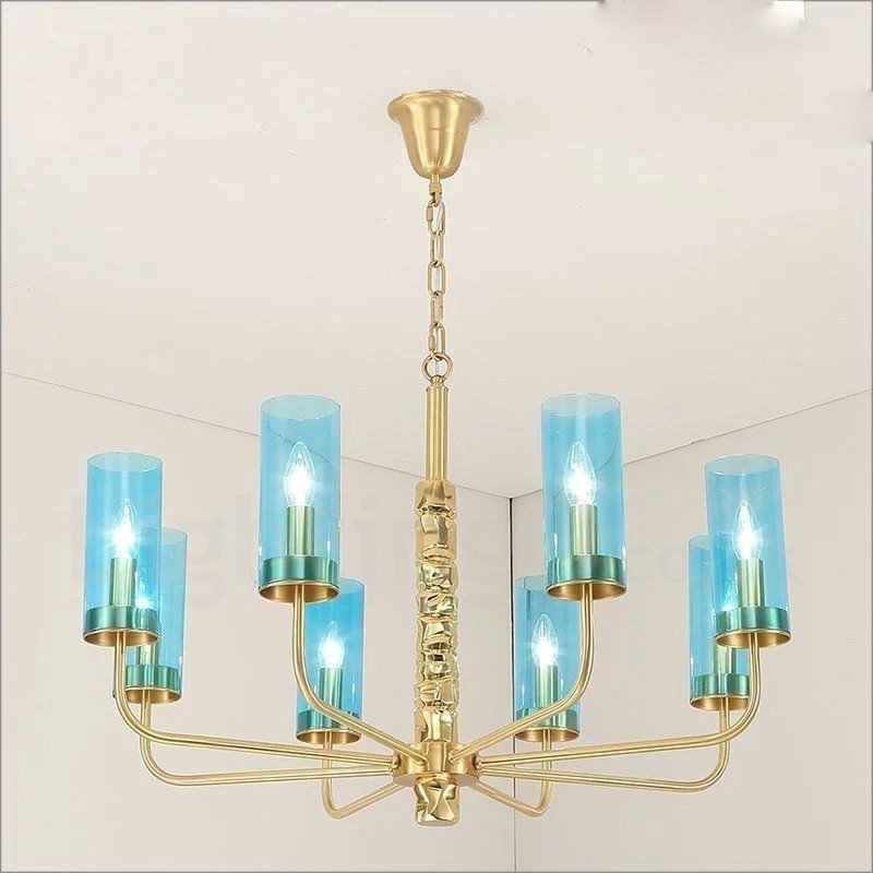 Lampadario contemporaneo in ottone a 8 luci con paralume in vetro, Ø 85 cm H 60 cm, attacco E14