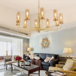 Lampadario contemporaneo in ottone a 10 luci con paralume in vetro, E14, Ø 100 cm H 60 cm