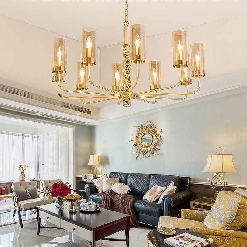 Lampadario contemporaneo in ottone a 10 luci con paralume in vetro, E14, Ø 100 cm H 60 cm
