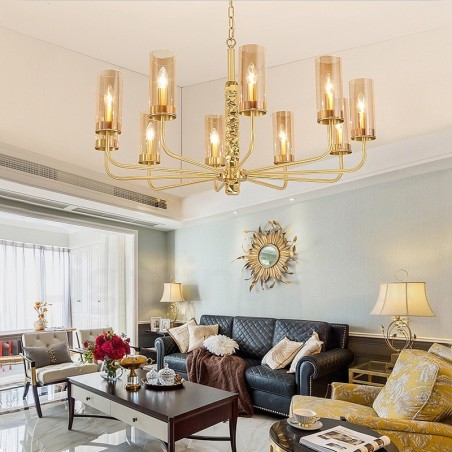 Lampadario contemporaneo in ottone a 10 luci con paralume in vetro, E14, Ø 100 cm H 60 cm