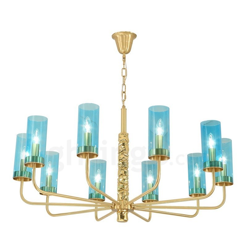 Lampadario contemporaneo in ottone a 10 luci con paralume in vetro, E14, Ø 100 cm H 60 cm