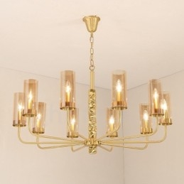 Lampadario contemporaneo in ottone a 10 luci con paralume in vetro, E14, Ø 100 cm H 60 cm