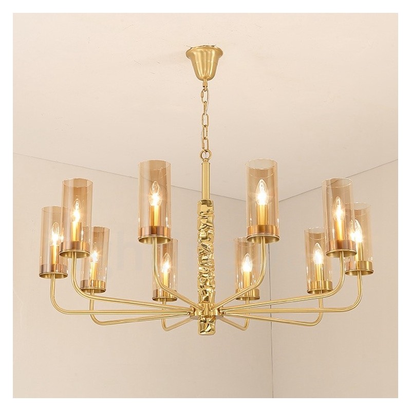 Lampadario contemporaneo in ottone a 10 luci con paralume in vetro, E14, Ø 100 cm H 60 cm