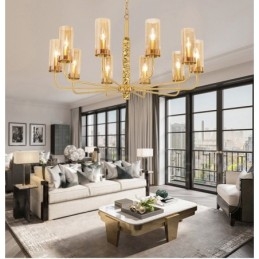 Lampadario contemporaneo in ottone a 10 luci con paralume in vetro, E14, Ø 100 cm H 60 cm