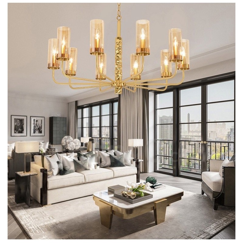 Lampadario contemporaneo in ottone a 10 luci con paralume in vetro, E14, Ø 100 cm H 60 cm