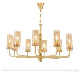 Lampadario contemporaneo in ottone a 10 luci con paralume in vetro, E14, Ø 100 cm H 60 cm