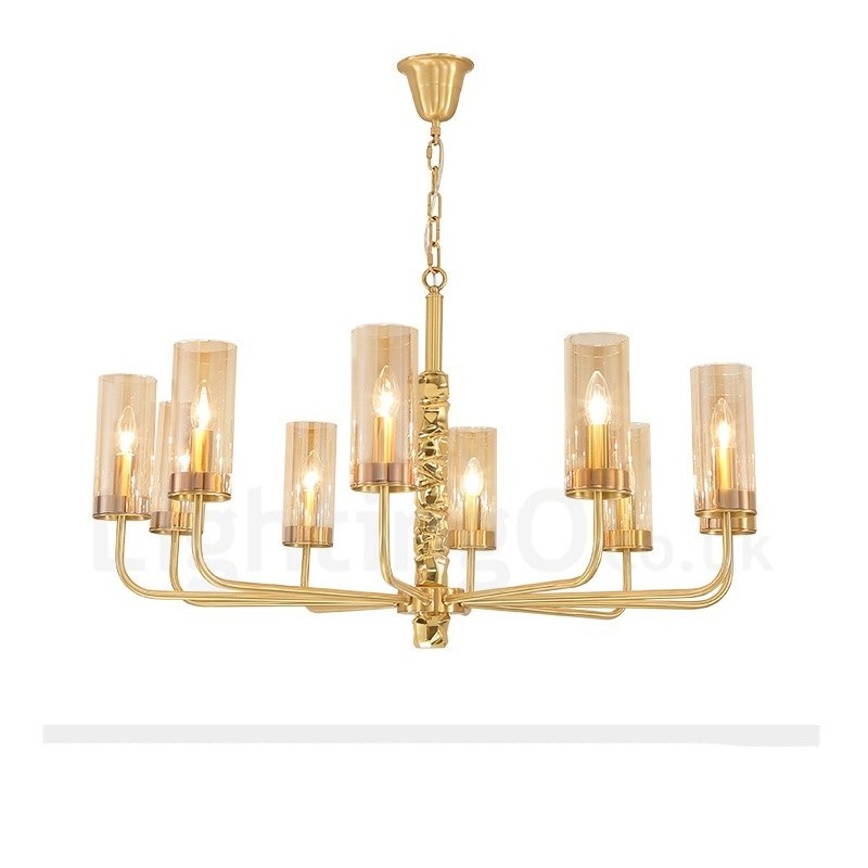 Lampadario contemporaneo in ottone a 10 luci con paralume in vetro, E14, Ø 100 cm H 60 cm