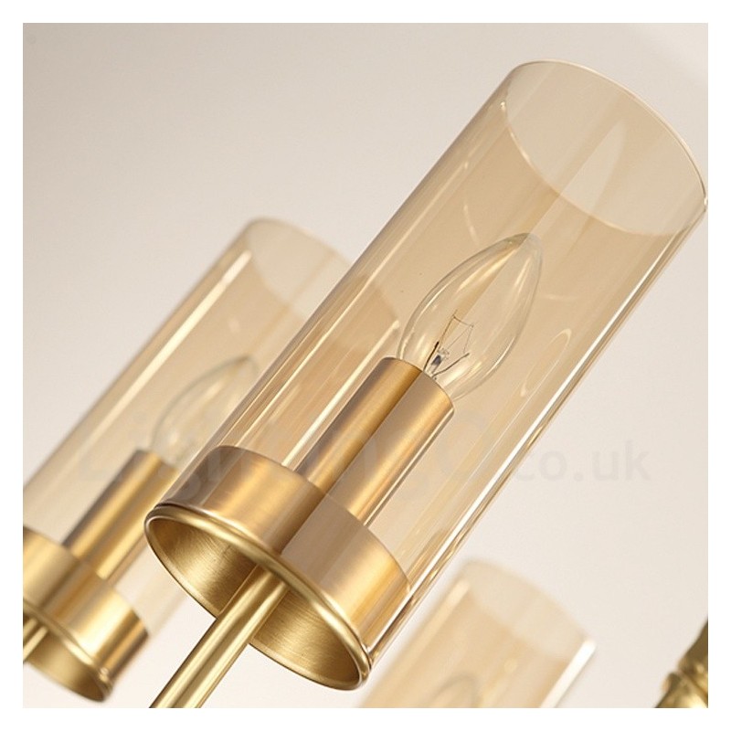 Lampadario contemporaneo in ottone a 10 luci con paralume in vetro, E14, Ø 100 cm H 60 cm