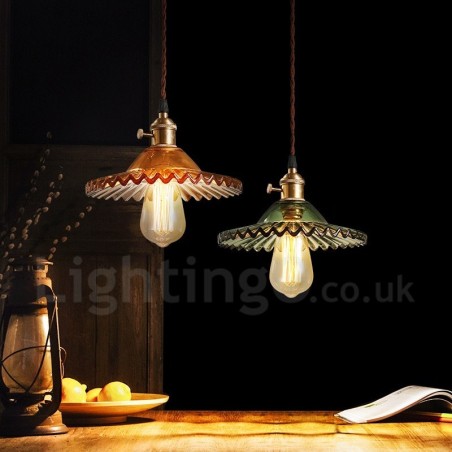 Lampada a sospensione rustica retrò 1 luce in acciaio con paralume in vetro E27 Ø 22 cm