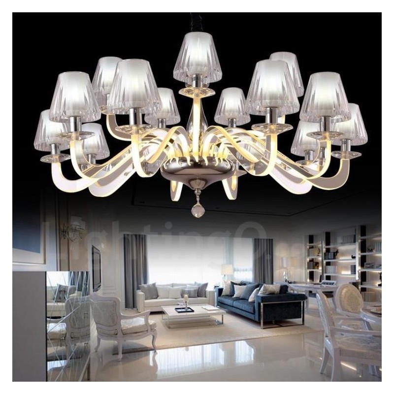 Lampadario contemporaneo dimmerabile in acciaio e vetro 15 luci Ø 100 cm H 46 cm