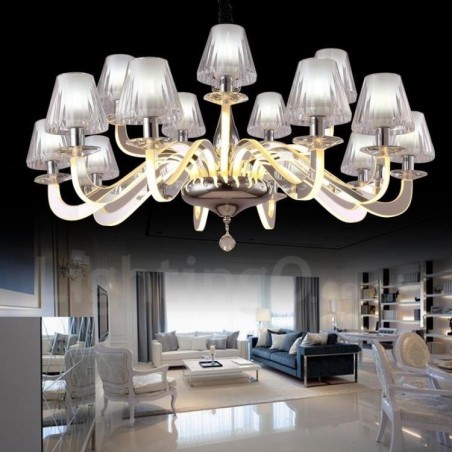 Lampadario contemporaneo dimmerabile in acciaio e vetro 15 luci Ø 100 cm H 46 cm
