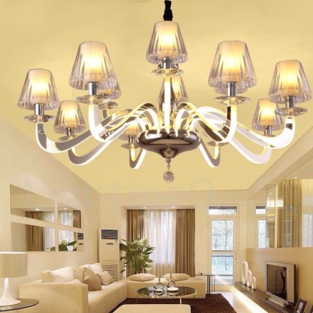 Lampadario moderno contemporaneo dimmerabile in acciaio a 10 luci con paralume in vetro