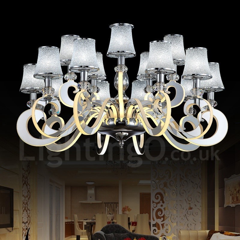 Lampadario moderno contemporaneo dimmerabile in acciaio 15 luci con paralumi in vetro