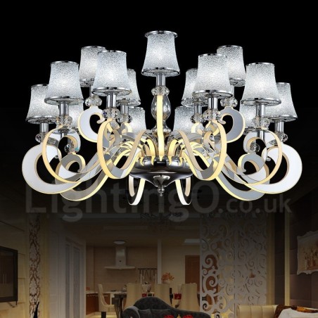 Lampadario moderno contemporaneo dimmerabile in acciaio 15 luci con paralumi in vetro