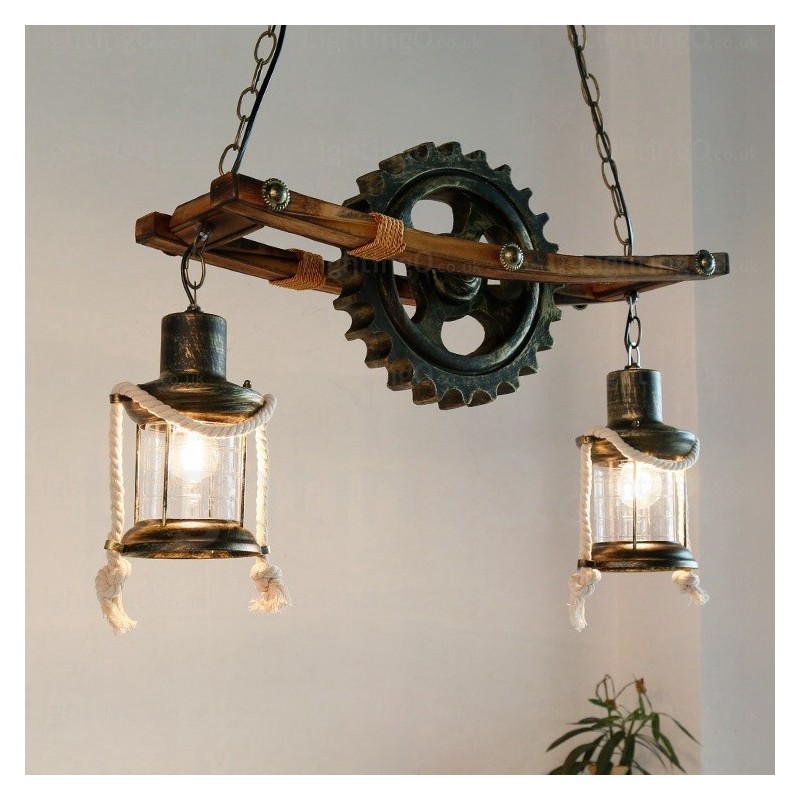 Lampada a sospensione vintage rustica country a 2 luci con paralume in vetro