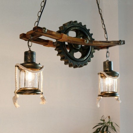 Lampada a sospensione vintage rustica country a 2 luci con paralume in vetro