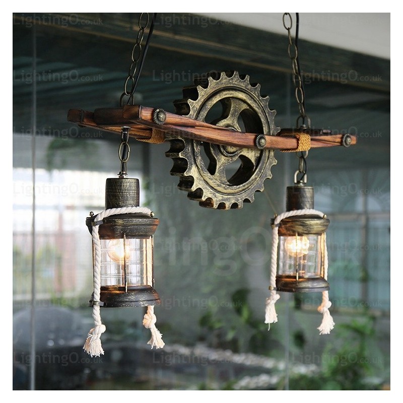 Lampada a sospensione vintage rustica country a 2 luci con paralume in vetro