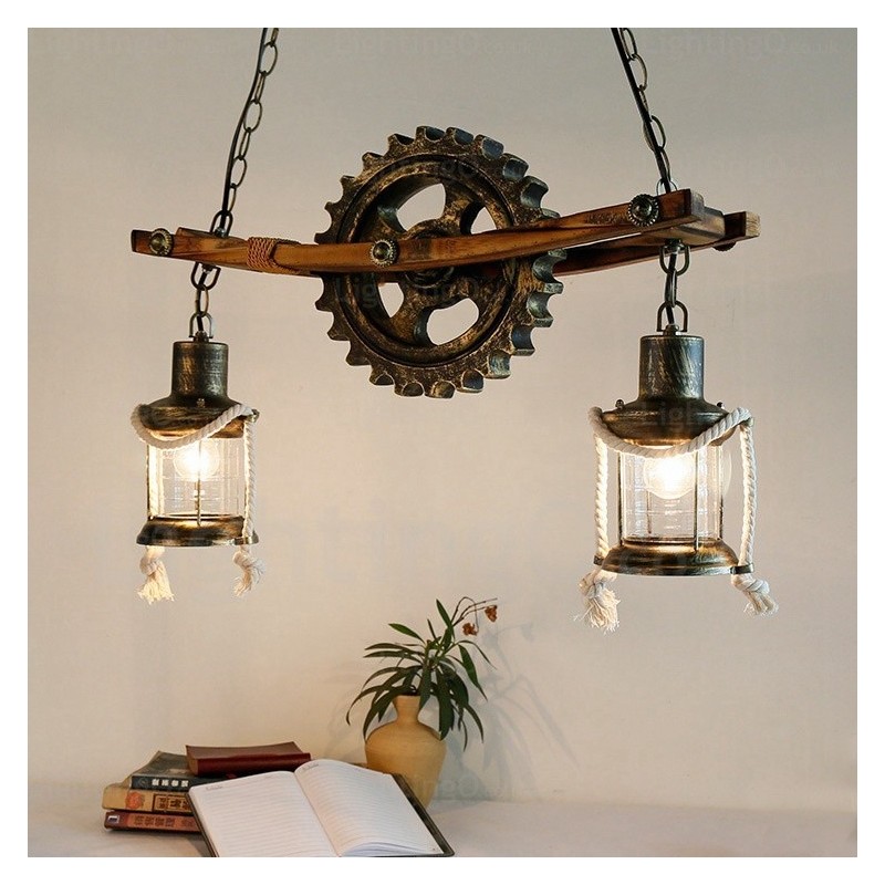 Lampada a sospensione vintage rustica country a 2 luci con paralume in vetro