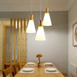 Lampada a sospensione nordica contemporanea con paralume in vetro e fissaggio in legno E27, Ø14 cm H25 cm