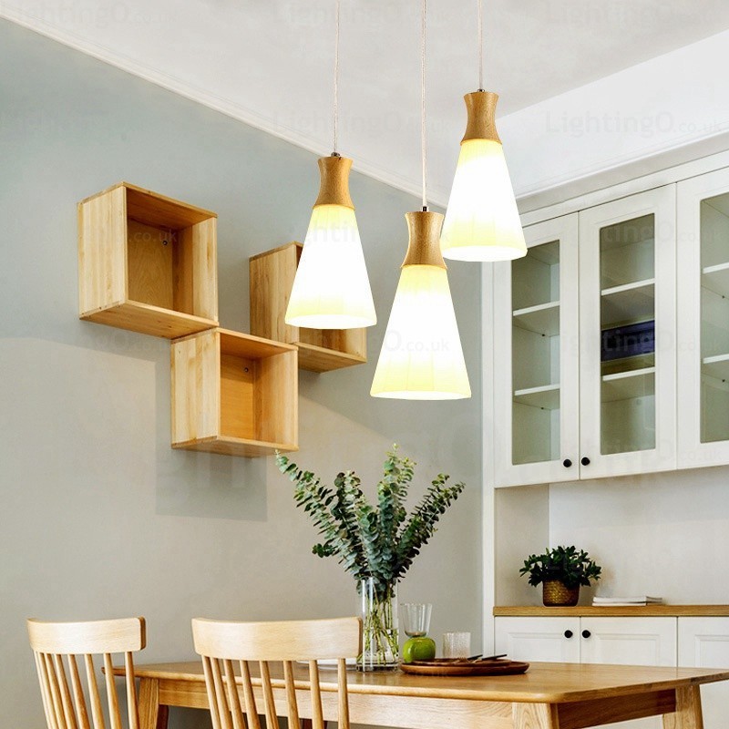 Lampada a sospensione nordica contemporanea con paralume in vetro e fissaggio in legno E27, Ø14 cm H25 cm