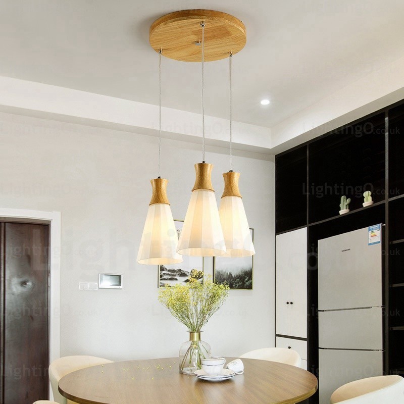 Lampada a sospensione nordica contemporanea con paralume in vetro e fissaggio in legno E27, Ø14 cm H25 cm