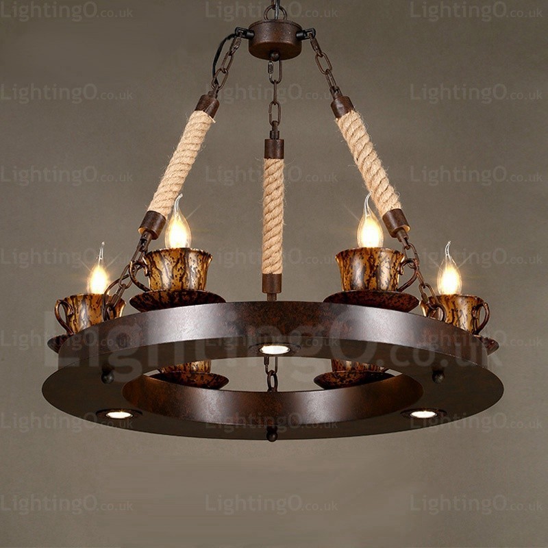 Lampada a sospensione rustica 9 luci E14x6+LEDx3 diametro 64 cm