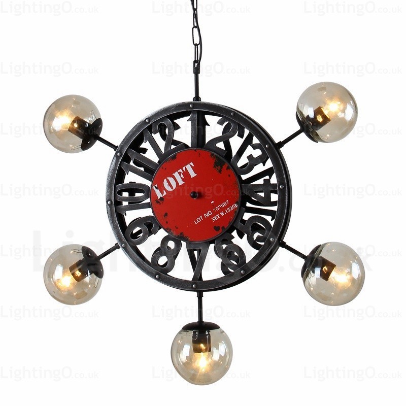 Lampada a sospensione vintage retrò 5 luci con paralume in vetro, diametro 70 cm