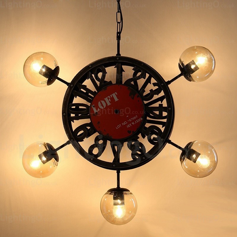Lampada a sospensione vintage retrò 5 luci con paralume in vetro, diametro 70 cm