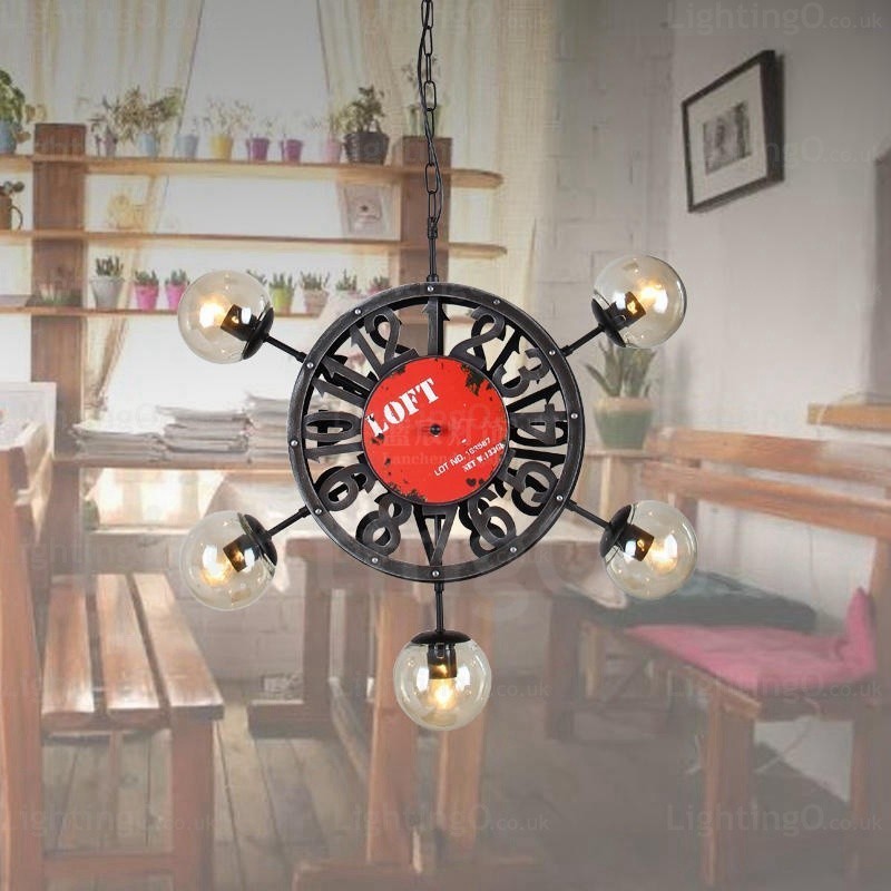 Lampada a sospensione vintage retrò 5 luci con paralume in vetro, diametro 70 cm