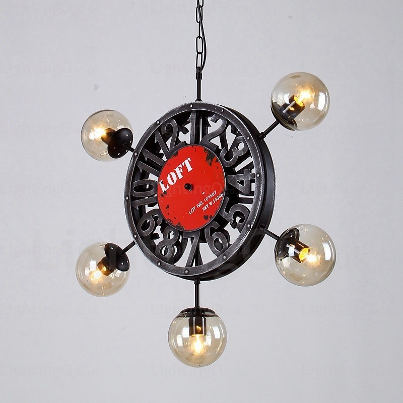 Lampada a sospensione vintage retrò 5 luci con paralume in vetro, diametro 70 cm