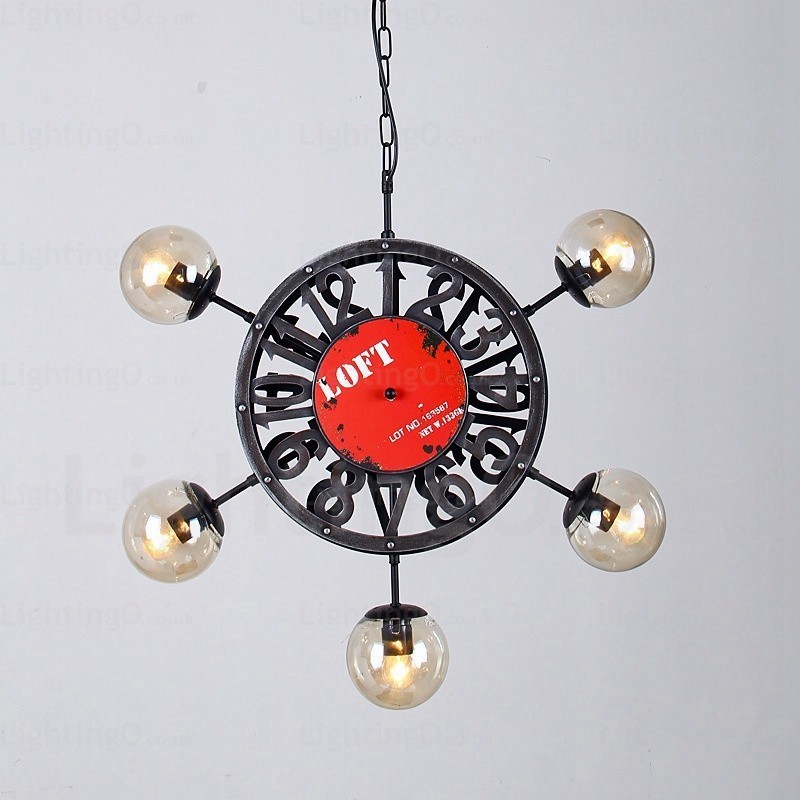 Lampada a sospensione vintage retrò 5 luci con paralume in vetro, diametro 70 cm