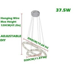 Lampadario a sospensione moderno in cristallo K9 a 2 anelli, argento, 50 cm