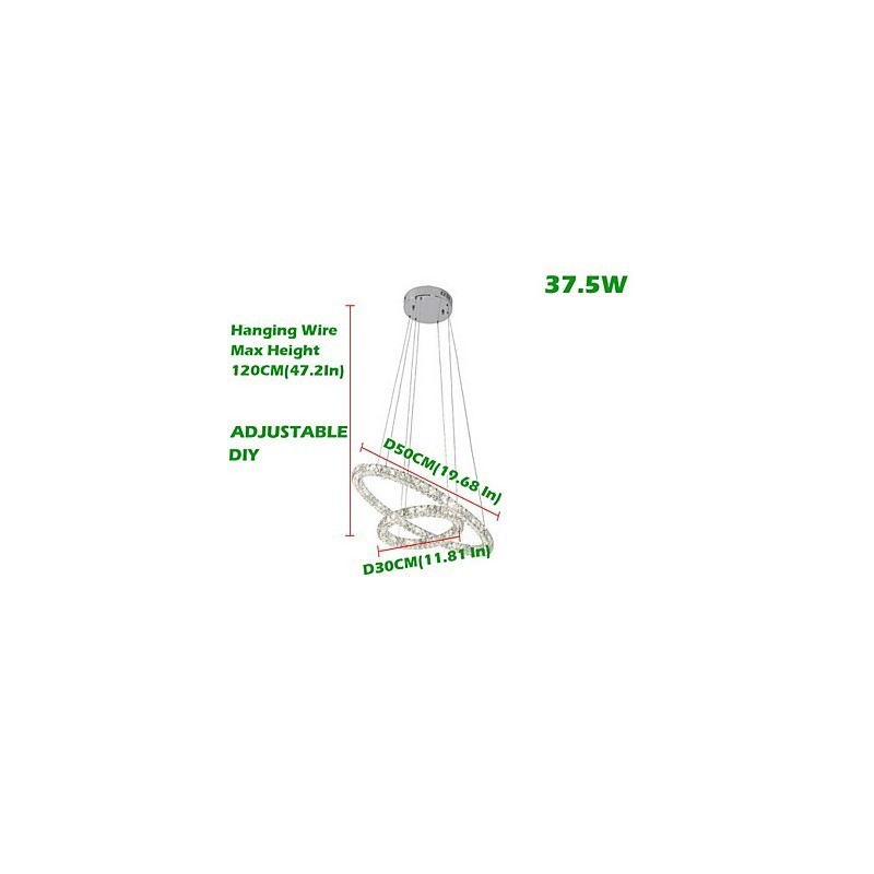 Lampadario a sospensione moderno in cristallo K9 a 2 anelli, argento, 50 cm