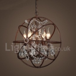 Lampadario a sospensione vintage in metallo dipinto ruggine con cristalli, 4 luci, Ø 40 cm