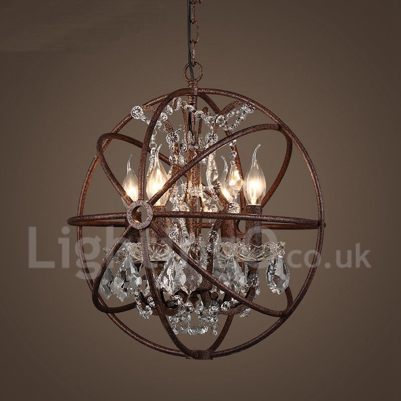 Lampadario a sospensione vintage in metallo dipinto ruggine con cristalli, 4 luci, Ø 40 cm
