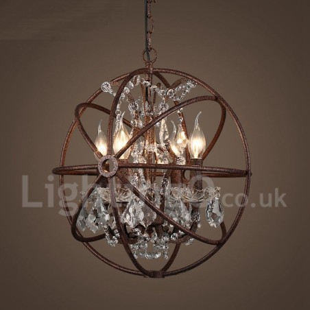 Lampadario a sospensione vintage in metallo dipinto ruggine con cristalli, 4 luci, Ø 40 cm