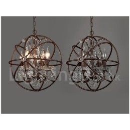 Lampadario a sospensione vintage in metallo dipinto ruggine con cristalli, 4 luci, Ø 40 cm