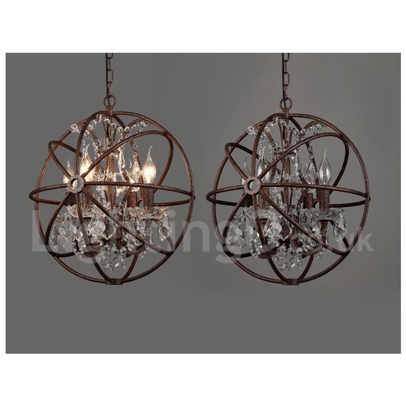 Lampadario a sospensione vintage in metallo dipinto ruggine con cristalli, 4 luci, Ø 40 cm