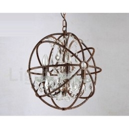 Lampadario a sospensione vintage in metallo dipinto ruggine con cristalli, 4 luci, Ø 40 cm