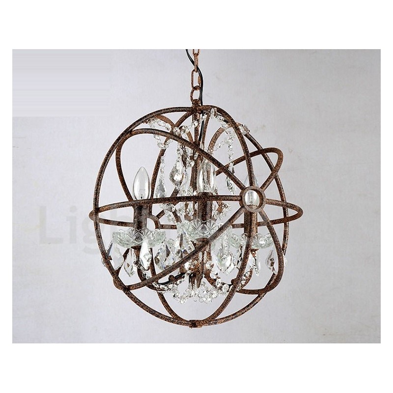 Lampadario a sospensione vintage in metallo dipinto ruggine con cristalli, 4 luci, Ø 40 cm