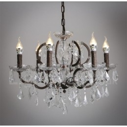 Lampadario vintage in metallo dipinto e cristallo a 6 luci, diametro 60 cm, ferro arrugginito