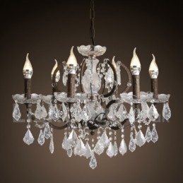 Lampadario vintage in metallo dipinto e cristallo a 6 luci, diametro 60 cm, ferro arrugginito