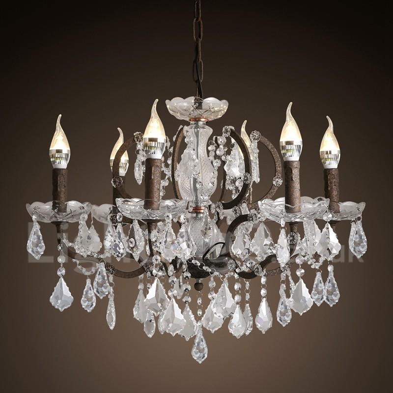 Lampadario vintage in metallo dipinto e cristallo a 6 luci, diametro 60 cm, ferro arrugginito