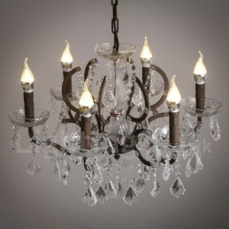 Lampadario vintage in metallo dipinto e cristallo a 6 luci, diametro 60 cm, ferro arrugginito