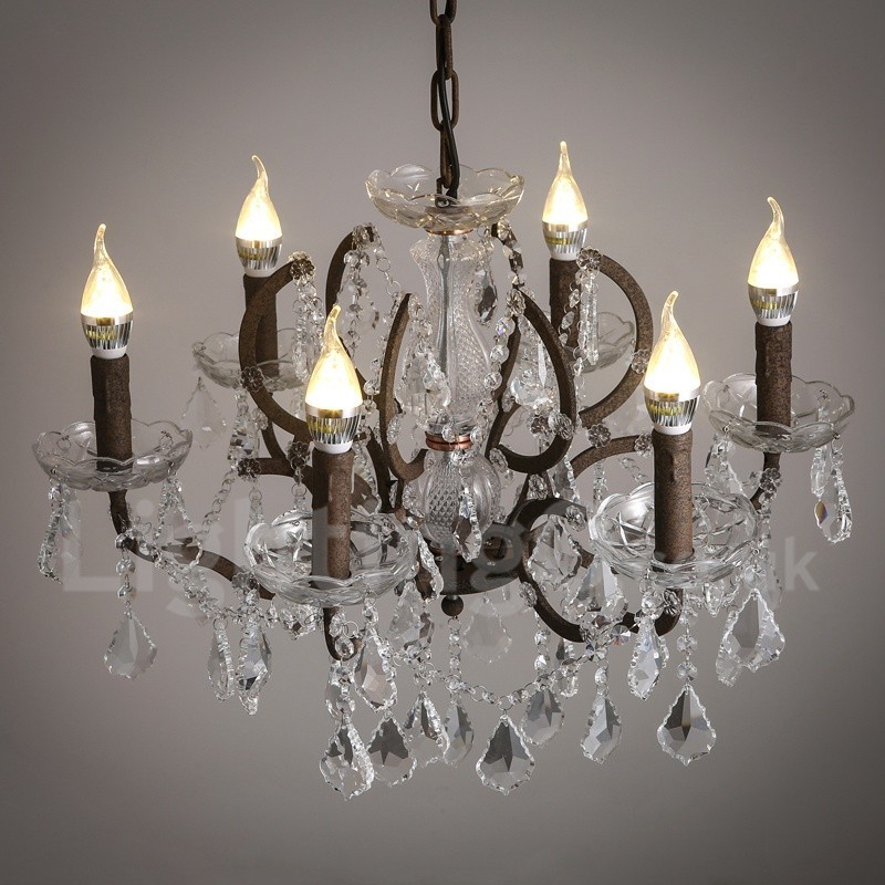 Lampadario vintage in metallo dipinto e cristallo a 6 luci, diametro 60 cm, ferro arrugginito