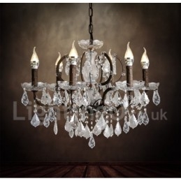 Lampadario vintage in metallo dipinto e cristallo a 6 luci, diametro 60 cm, ferro arrugginito