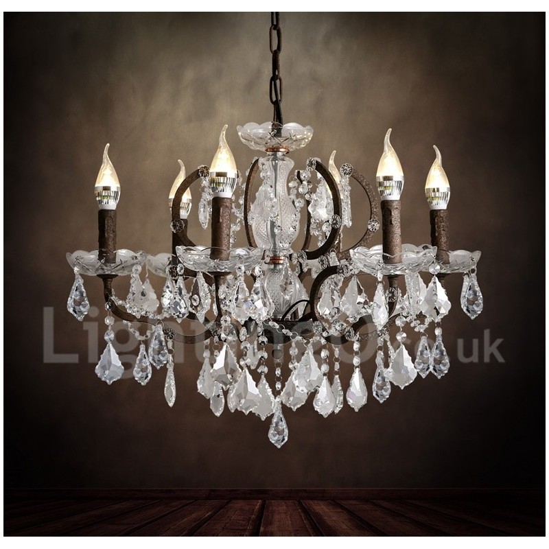 Lampadario vintage in metallo dipinto e cristallo a 6 luci, diametro 60 cm, ferro arrugginito