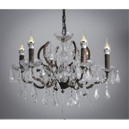Lampadario vintage in metallo dipinto e cristallo a 6 luci, diametro 60 cm, ferro arrugginito