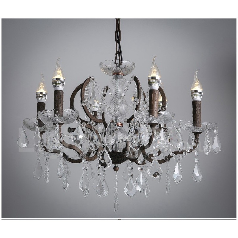 Lampadario vintage in metallo dipinto e cristallo a 6 luci, diametro 60 cm, ferro arrugginito